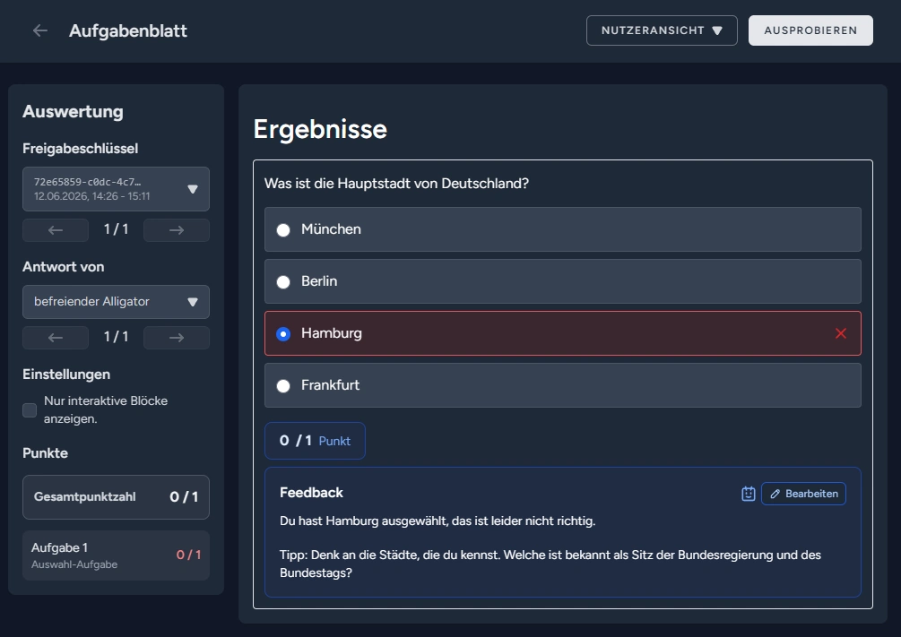 Auswertungsansicht eines Arbeitsblatts