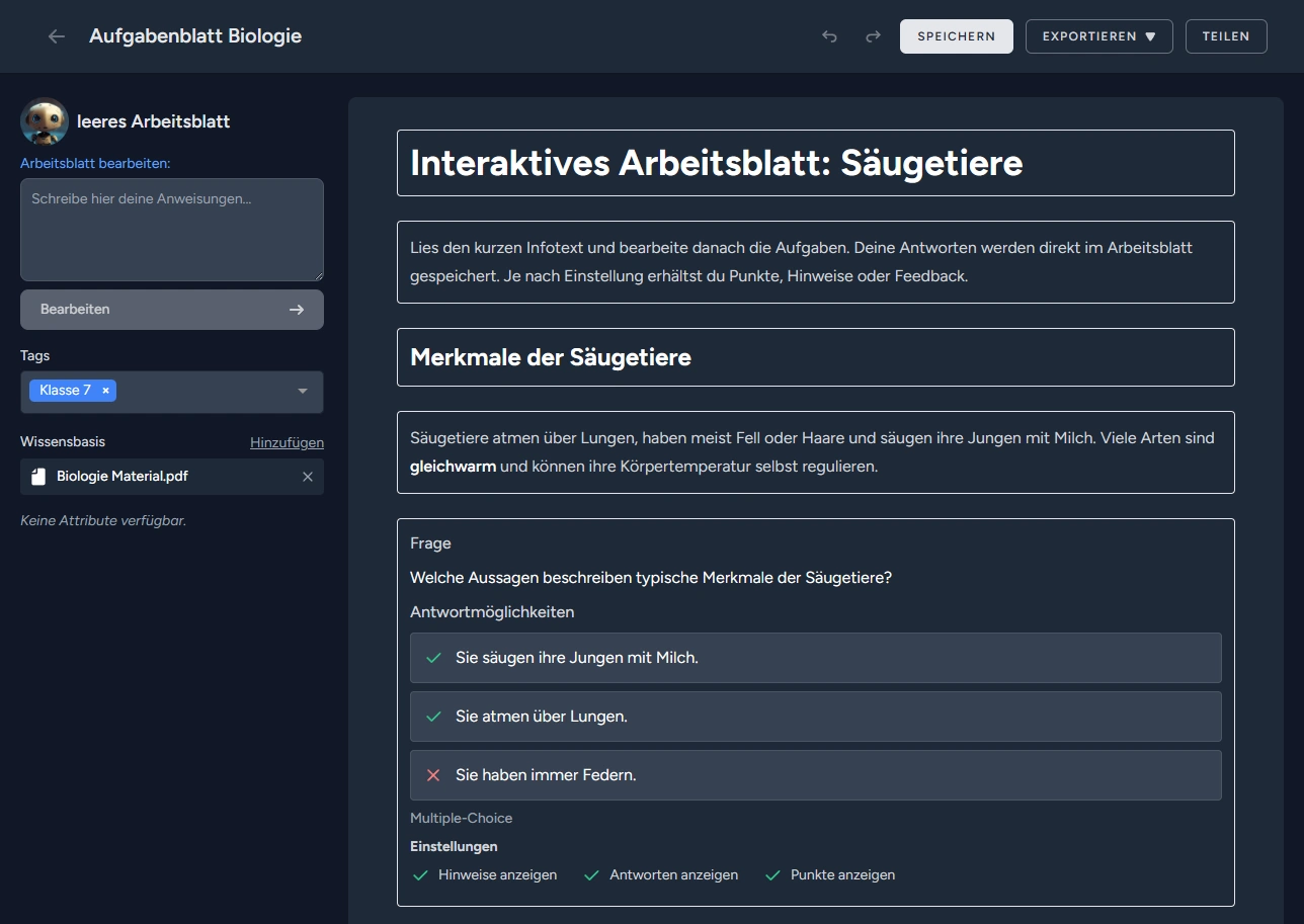 Screenshot interaktiver Arbeitsblätter in schulKI